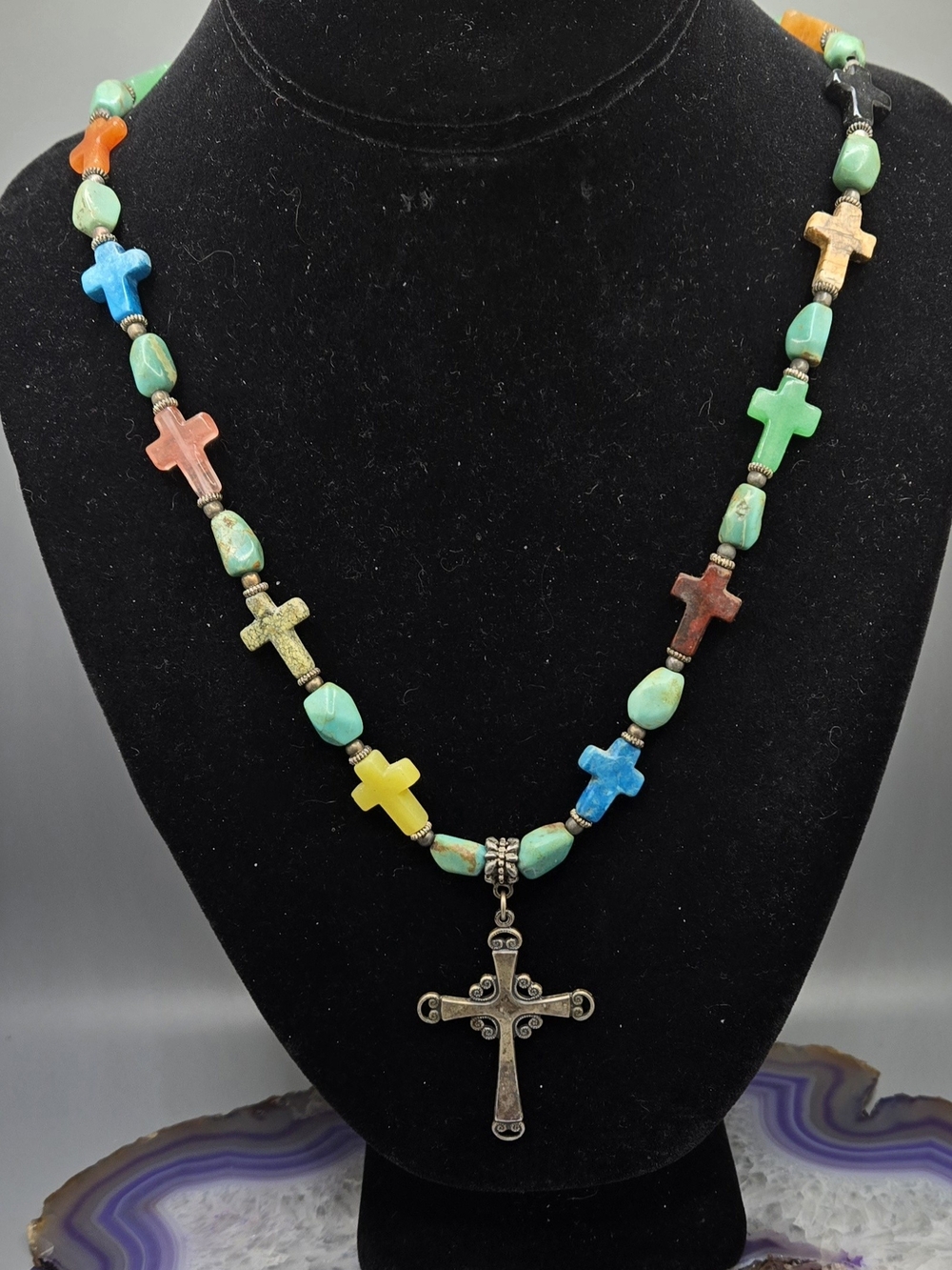 Stone Cross Necklace w/ Silver Tone Cross Pendant 23" + 2" Pendant